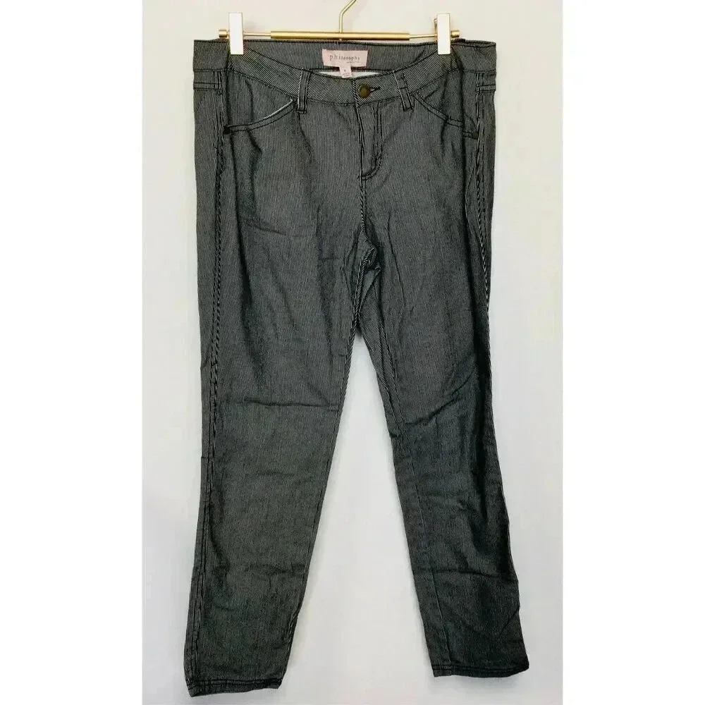 Philosophy Womens Black White Striped Flat Front Straight Pants Dark Wash Size 6